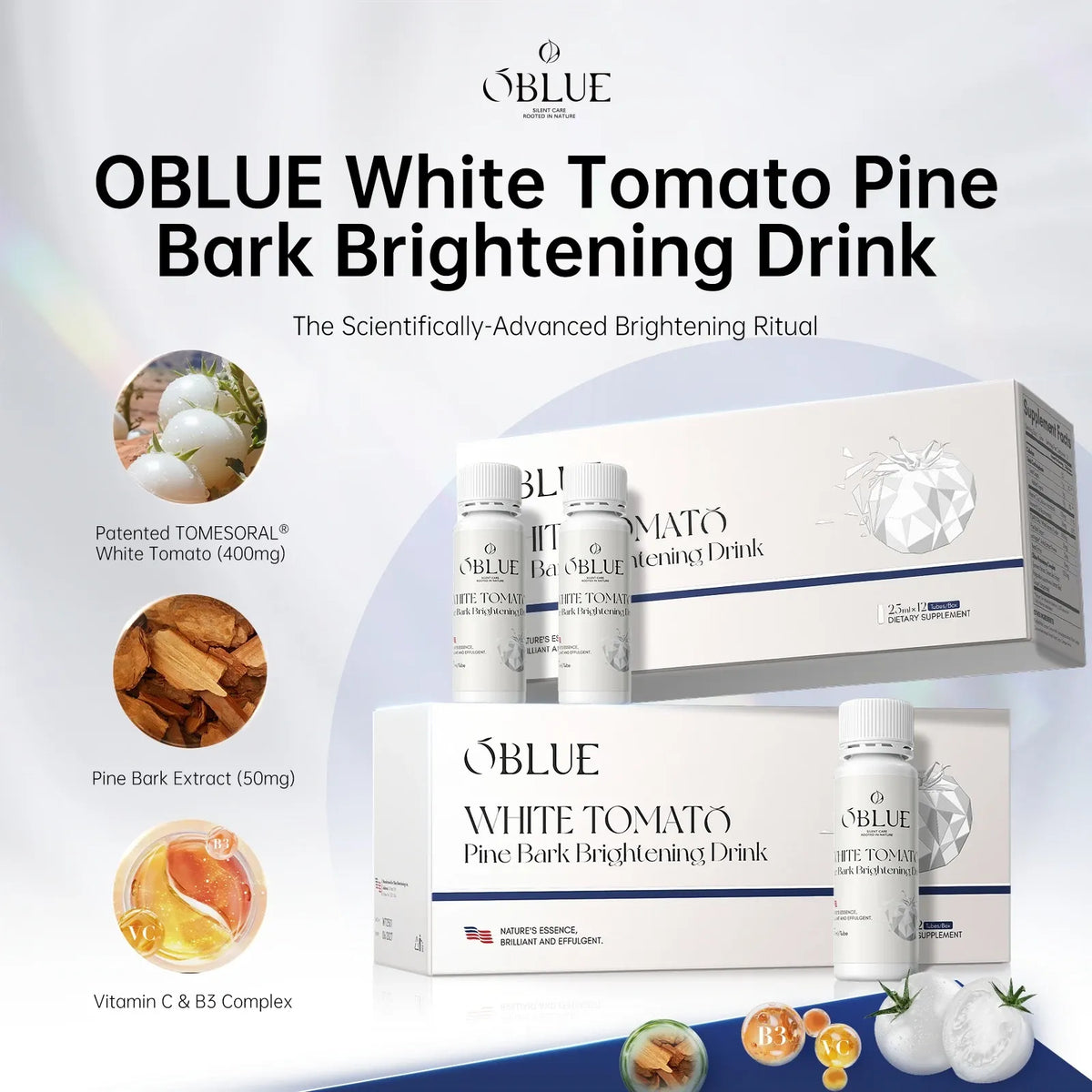 OBLUE White Tomato & Pine Bark Brightening Drink 雙白炮 2.0 新一代白番茄松樹皮亮膚美白飲 雙核亮白飲｜專利成分雙機制全鏈路透白  25ml X 12